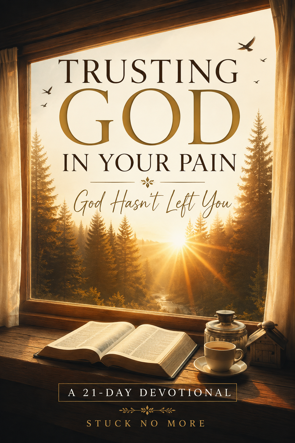 Trusting God in Your Pain devotional cover with a sunrise, open Bible, and warm cup of tea